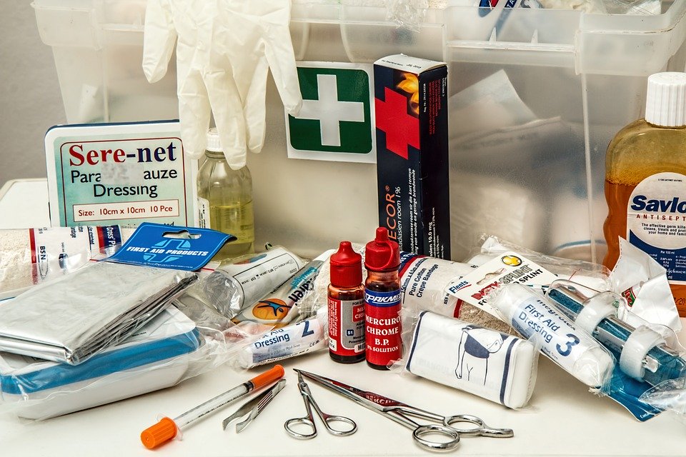Medical supplies of a first aid kit.