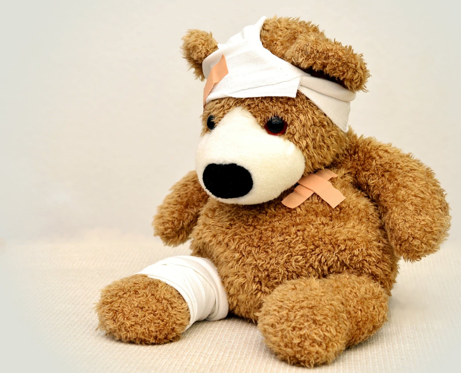 photo of a teddy bear with a bandage