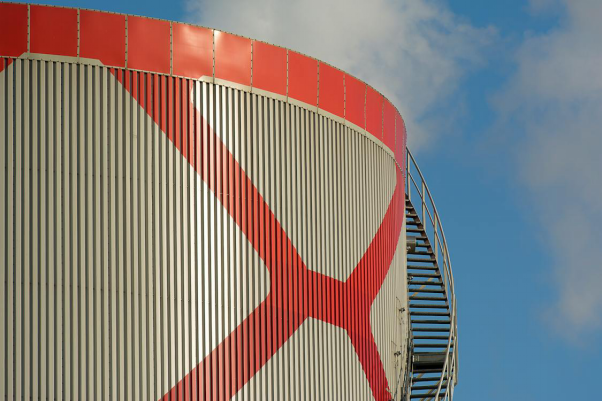 A silo with a staircase.