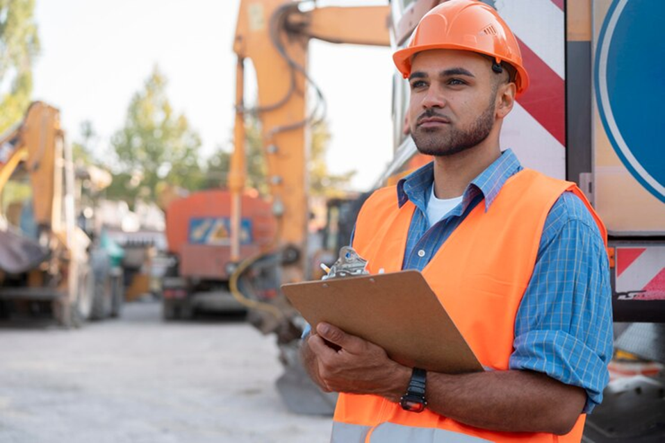 Construction worker at a building site, wearing safety gear.