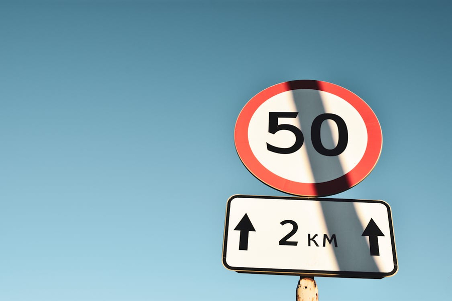 A speed limit sign prominently displayed on a road