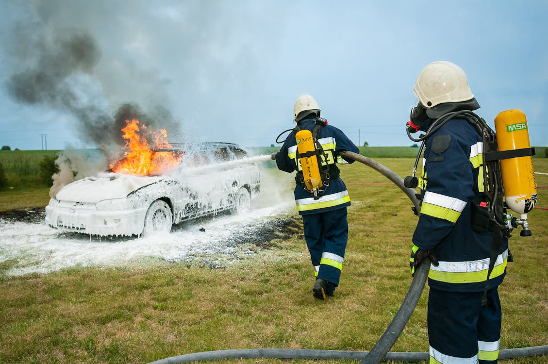 Rescue workers in Surrey extinguishing a fire