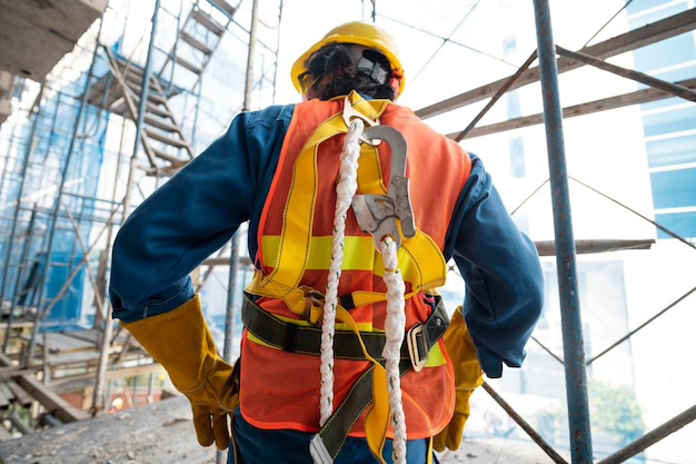 A worker wearing fall protection PPE