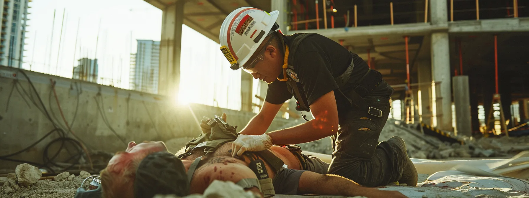 a paramedic rapidly administering cpr to a collapsed worker at a construction site.